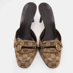 Gucci Beige/Brown GG Canvas and Leather Horsebit Mules Size 39