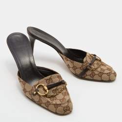 Gucci Beige/Brown GG Canvas and Leather Horsebit Mules Size 39