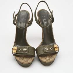 Gucci Olive Green Leather Ankle Strap Platform Sandals Size 38