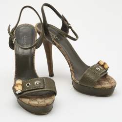 Gucci Olive Green Leather Ankle Strap Platform Sandals Size 38