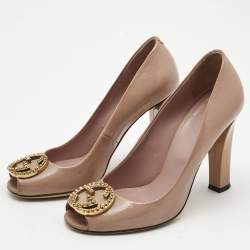 Pre Owned Gucci Dusty Pink Patent Leather Interlocking G Peep Toe Pumps Size 37.5
