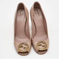 Pre Owned Gucci Dusty Pink Patent Leather Interlocking G Peep Toe Pumps Size 37.5