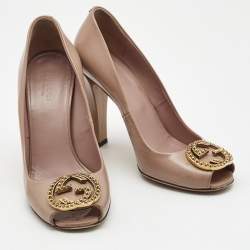 Pre Owned Gucci Dusty Pink Patent Leather Interlocking G Peep Toe Pumps Size 37.5