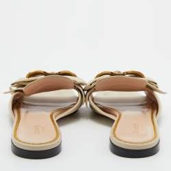 Gucci Cream Leather Bee Embellished Bow Accents Flat Slides Size 38.5