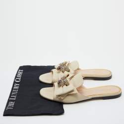 Gucci Cream Leather Bee Embellished Bow Accents Flat Slides Size 38.5