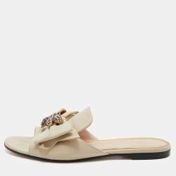 Gucci Cream Leather Bee Embellished Bow Accents Flat Slides Size 38.5