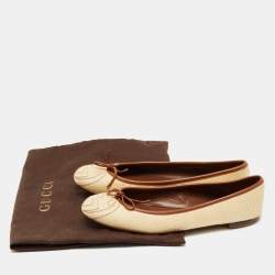 Pre Owned Gucci Cream/Brown Leather and Raffia Interlocking G Logo Ballet Flats Size 38.5