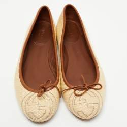 Pre Owned Gucci Cream/Brown Leather and Raffia Interlocking G Logo Ballet Flats Size 38.5