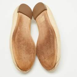 Pre Owned Gucci Cream/Brown Leather and Raffia Interlocking G Logo Ballet Flats Size 38.5