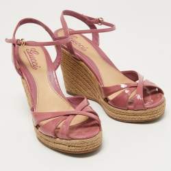 Pre Owned Gucci Pink Guccissima Patent Leather Penelope Espadrille Wedge Sandals Size 38.5