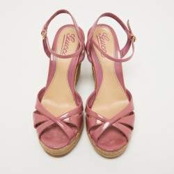 Pre Owned Gucci Pink Guccissima Patent Leather Penelope Espadrille Wedge Sandals Size 38.5