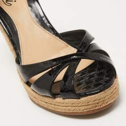 مملوكة مسبقًا Gucci Black Micro Guccissima Patent Leather Penelope Espadrille Wedge Sandals Size 38.5