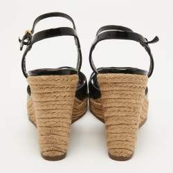 مملوكة مسبقًا Gucci Black Micro Guccissima Patent Leather Penelope Espadrille Wedge Sandals Size 38.5