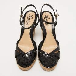 مملوكة مسبقًا Gucci Black Micro Guccissima Patent Leather Penelope Espadrille Wedge Sandals Size 38.5