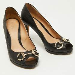 Pre Owned Gucci Black Guccissima Leather New Hollywood Horsebit Peep-Toe Platform Pumps Size 38