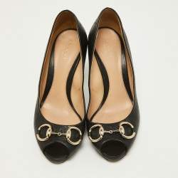 Pre Owned Gucci Black Guccissima Leather New Hollywood Horsebit Peep-Toe Platform Pumps Size 38