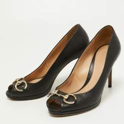 Pre Owned Gucci Black Guccissima Leather New Hollywood Horsebit Peep-Toe Platform Pumps Size 38