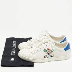 Pre Owned Gucci White/Blue Leather Tennis Embroidered Low Top Sneakers Size 37.5