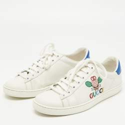 Pre Owned Gucci White/Blue Leather Tennis Embroidered Low Top Sneakers Size 37.5