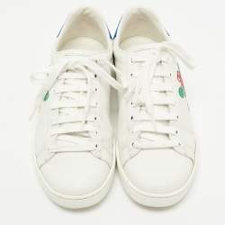 Pre Owned Gucci White/Blue Leather Tennis Embroidered Low Top Sneakers Size 37.5
