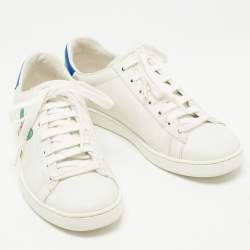 Pre Owned Gucci White/Blue Leather Tennis Embroidered Low Top Sneakers Size 37.5