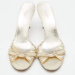 مملوكة مسبقًا Gucci Metallic Gold Leather Braided Slide Sandals Size 42.5