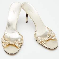 مملوكة مسبقًا Gucci Metallic Gold Leather Braided Slide Sandals Size 42.5