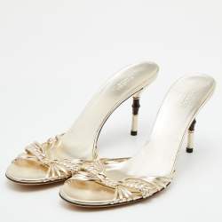 مملوكة مسبقًا Gucci Metallic Gold Leather Braided Slide Sandals Size 42.5