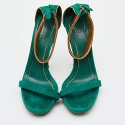 Gucci Green/Gold Suede and Snakeskin Leather Ankle Strap Sandals Size 37.5