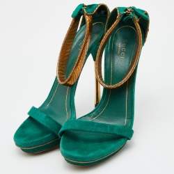 Gucci Green/Gold Suede and Snakeskin Leather Ankle Strap Sandals Size 37.5