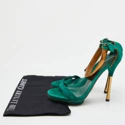Gucci Green/Gold Suede and Snakeskin Leather Ankle Strap Sandals Size 37.5