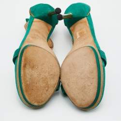 Gucci Green/Gold Suede and Snakeskin Leather Ankle Strap Sandals Size 37.5