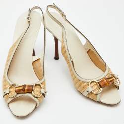 Pre Owned Gucci Beige/Cream Raffia and Leather Bamboo Horsebit Slingback Pumps Size 41