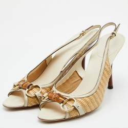 Pre Owned Gucci Beige/Cream Raffia and Leather Bamboo Horsebit Slingback Pumps Size 41