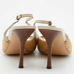 Pre Owned Gucci Beige/Cream Raffia and Leather Bamboo Horsebit Slingback Pumps Size 41