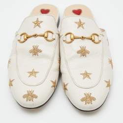Pre Owned Gucci Cream Leather Bee and Star Embroidered Princetown Flat Mules Size 39