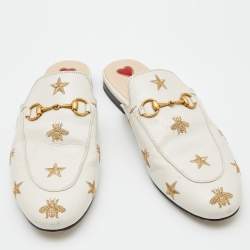 Pre Owned Gucci Cream Leather Bee and Star Embroidered Princetown Flat Mules Size 39