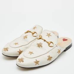 Pre Owned Gucci Cream Leather Bee and Star Embroidered Princetown Flat Mules Size 39