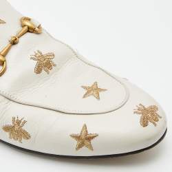 Pre Owned Gucci Cream Leather Bee and Star Embroidered Princetown Flat Mules Size 39