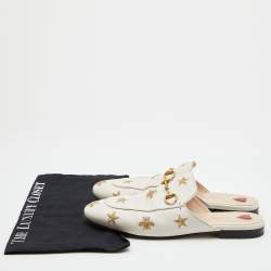 Pre Owned Gucci Cream Leather Bee and Star Embroidered Princetown Flat Mules Size 39