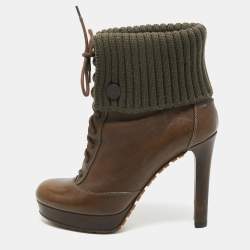 Pre Owned Gucci Olive Green Leather and Knit Fabric Lace Up Platform Boots Size 38