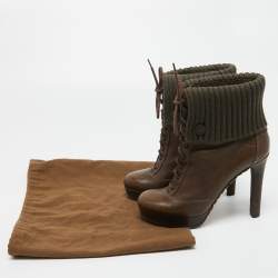 Pre Owned Gucci Olive Green Leather and Knit Fabric Lace Up Platform Boots Size 38