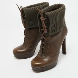 Gucci Olive Green Leather and Knit Fabric Lace Up Platform Boots