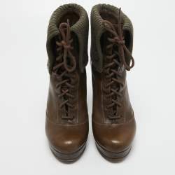 Pre Owned Gucci Olive Green Leather and Knit Fabric Lace Up Platform Boots Size 38