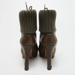 Pre Owned Gucci Olive Green Leather and Knit Fabric Lace Up Platform Boots Size 38