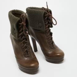 Pre Owned Gucci Olive Green Leather and Knit Fabric Lace Up Platform Boots Size 38