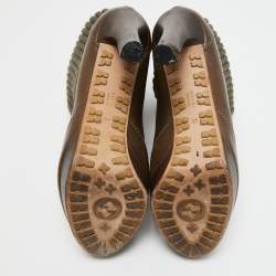 Pre Owned Gucci Olive Green Leather and Knit Fabric Lace Up Platform Boots Size 38