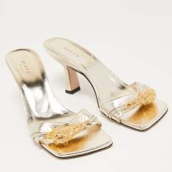 Gucci Gold Leather Crystal Embellished Dora Slide Sandals Size 38