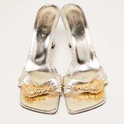 Gucci Gold Leather Crystal Embellished Dora Slide Sandals Size 38