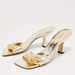 Gucci Gold Leather Crystal Embellished Dora Slide Sandals Size 38